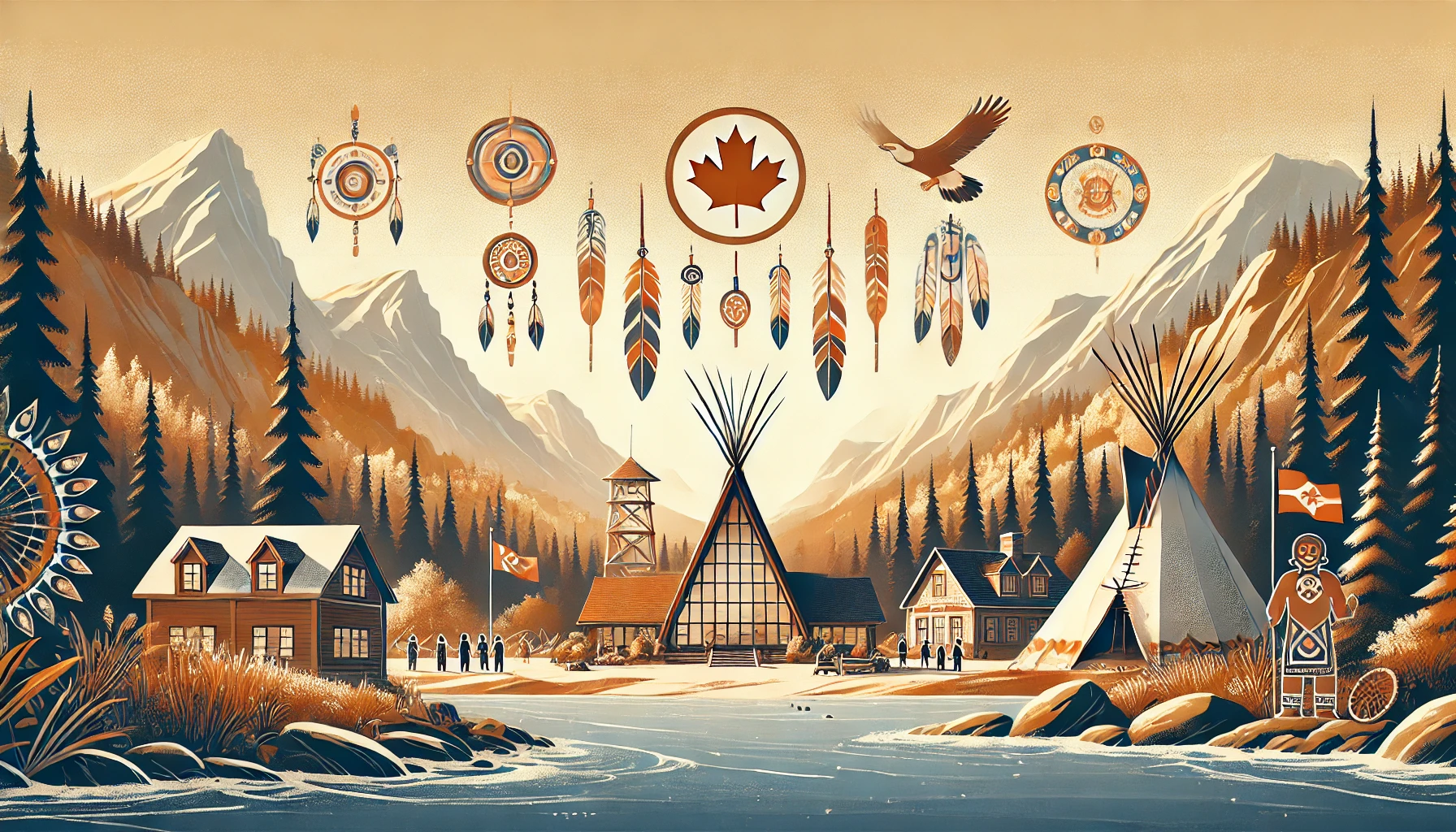 a peaceful landscape featuring high mountains, dense forests, and the flowing ottawa river, with traditional indigenous structures and symbolic elements like feathers and family symbols, representin