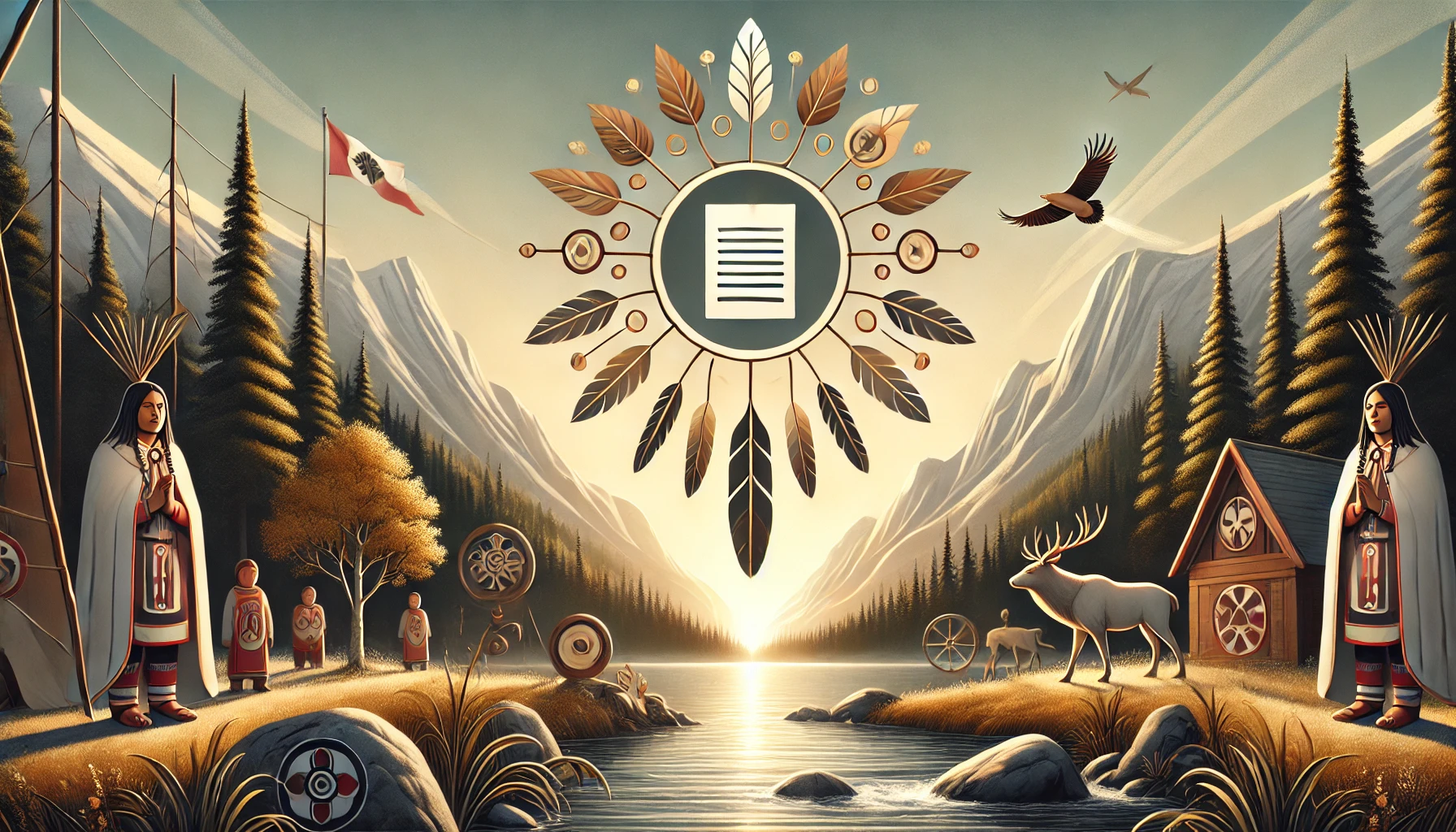 a serene landscape featuring high mountains, dense forests, and the flowing ottawa river, with symbolic elements like a family tree and feathers, representing the heritage and identity of the anishi