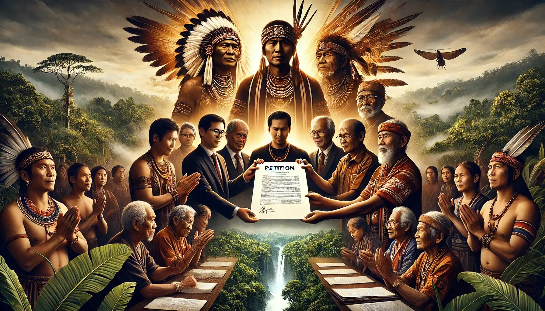 a visually striking image representing petition 115. the scene depicts indigenous leaders and community members presenting the petition to government (1)