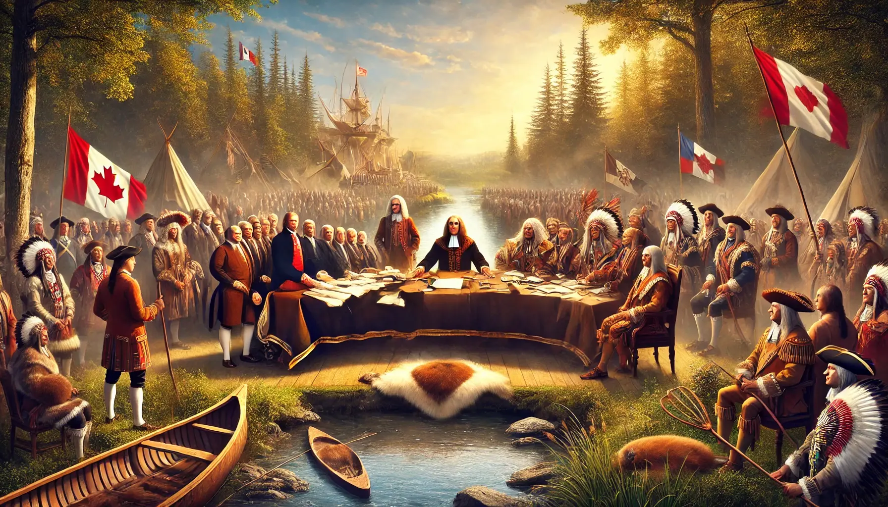 a visually striking image representing the montreal treaty of 1701. the scene features a historic signing event with french officials and indigenous people.