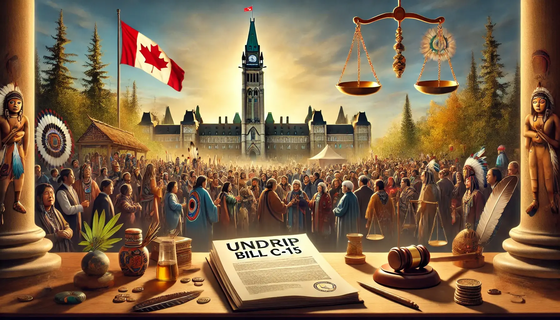 a visually striking image representing undrip bill c 15. the scene features a gathering of indigenous leaders and community members