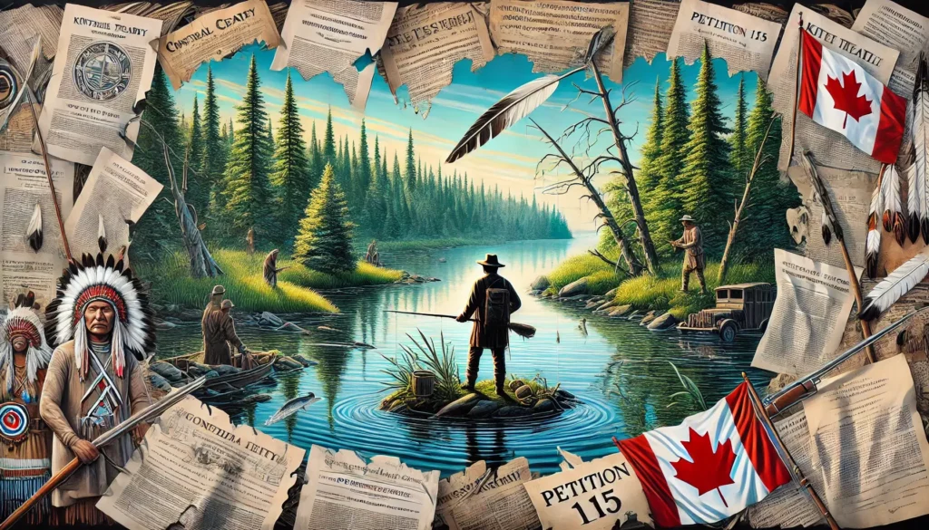 a visually striking rectangular image representing the struggle for the right to hunt and fish without fear of prosecution for the anishinaabe of the kitchizibi (1)
