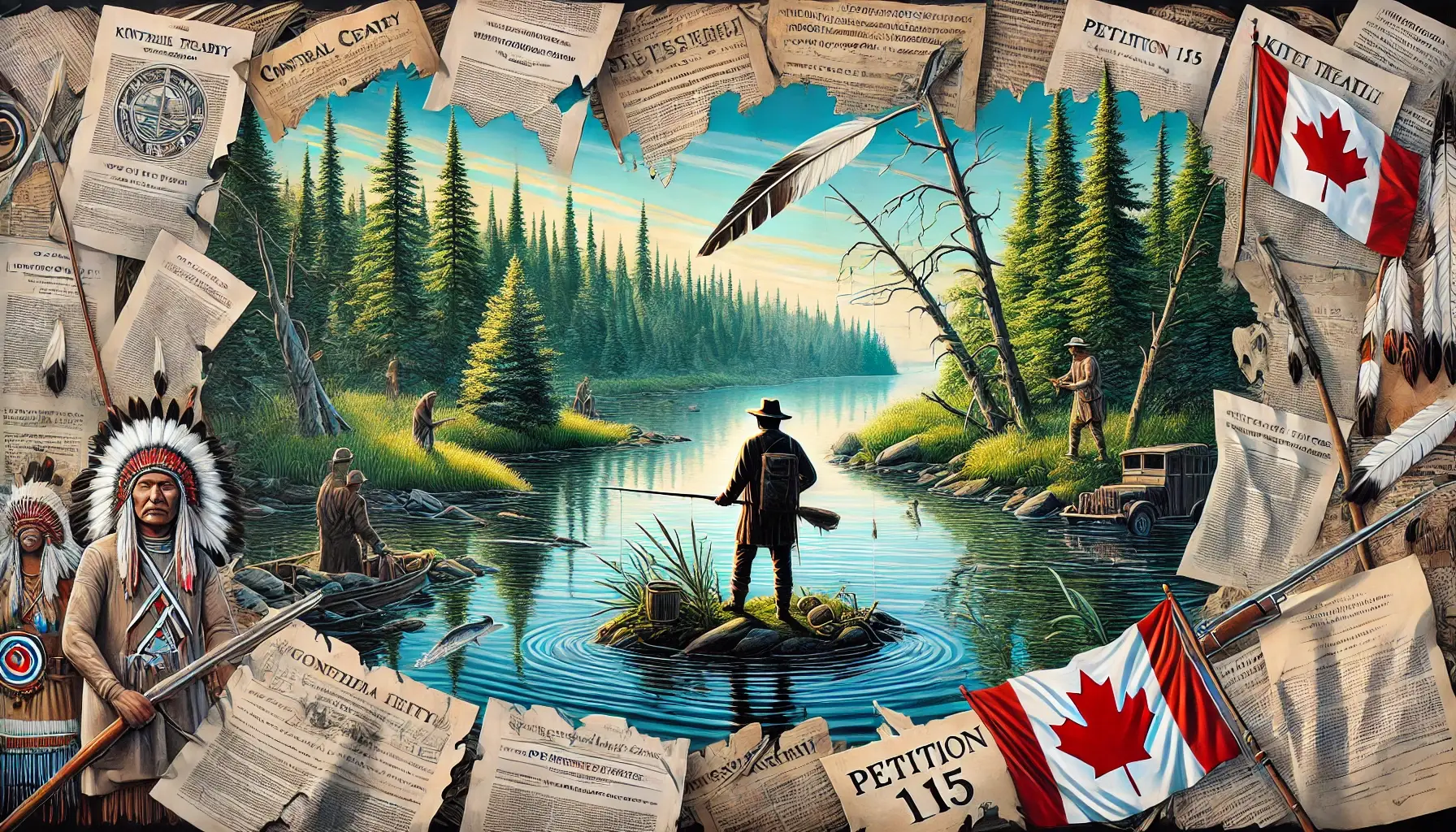 a visually striking rectangular image representing the struggle for the right to hunt and fish without fear of prosecution for the anishinaabe of the kitchizibi (1)