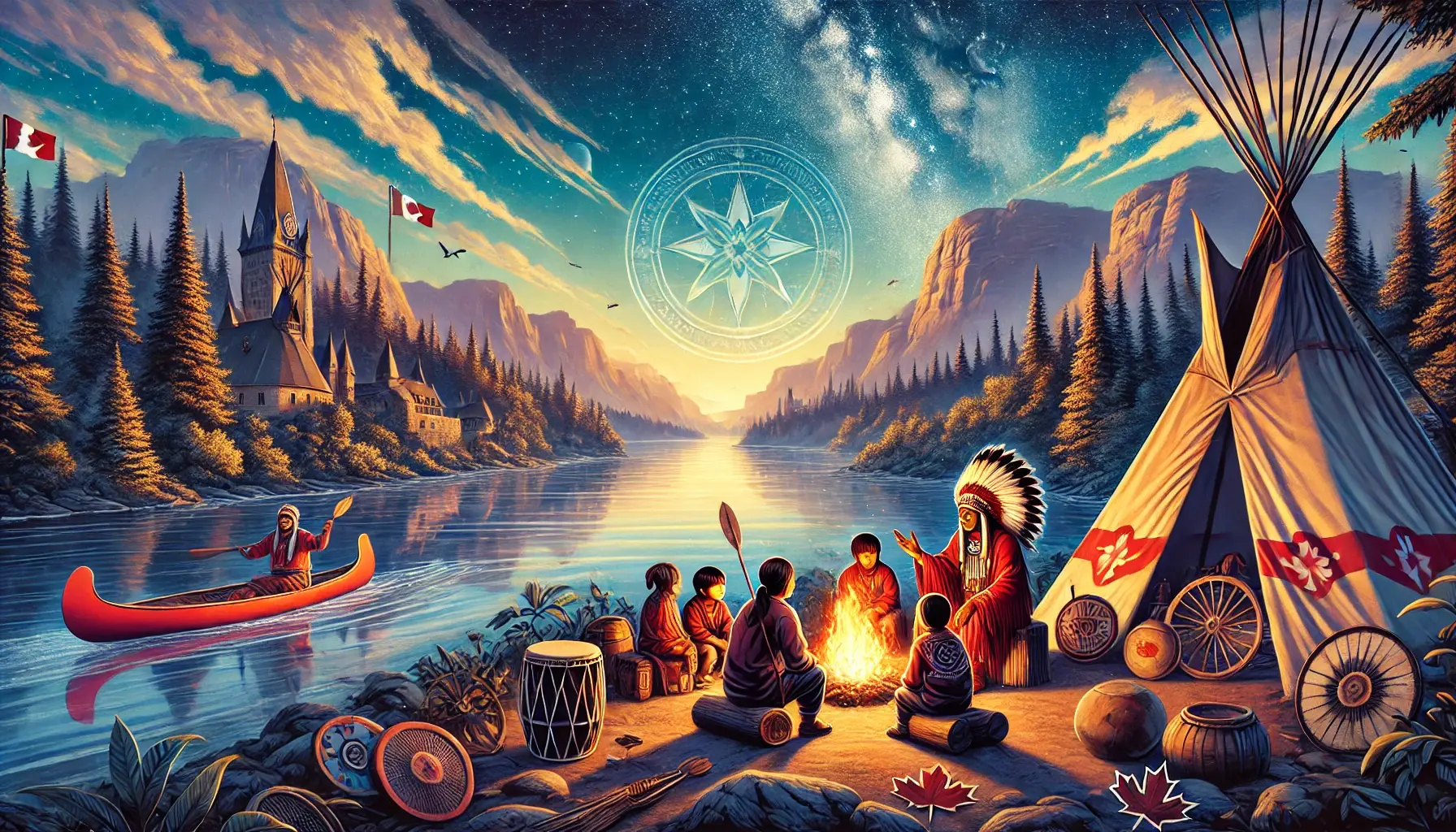 an indigenous elder in traditional regalia shares stories with younger generations around a campfire by the ottawa river, with lush forests and high mountains in the background.