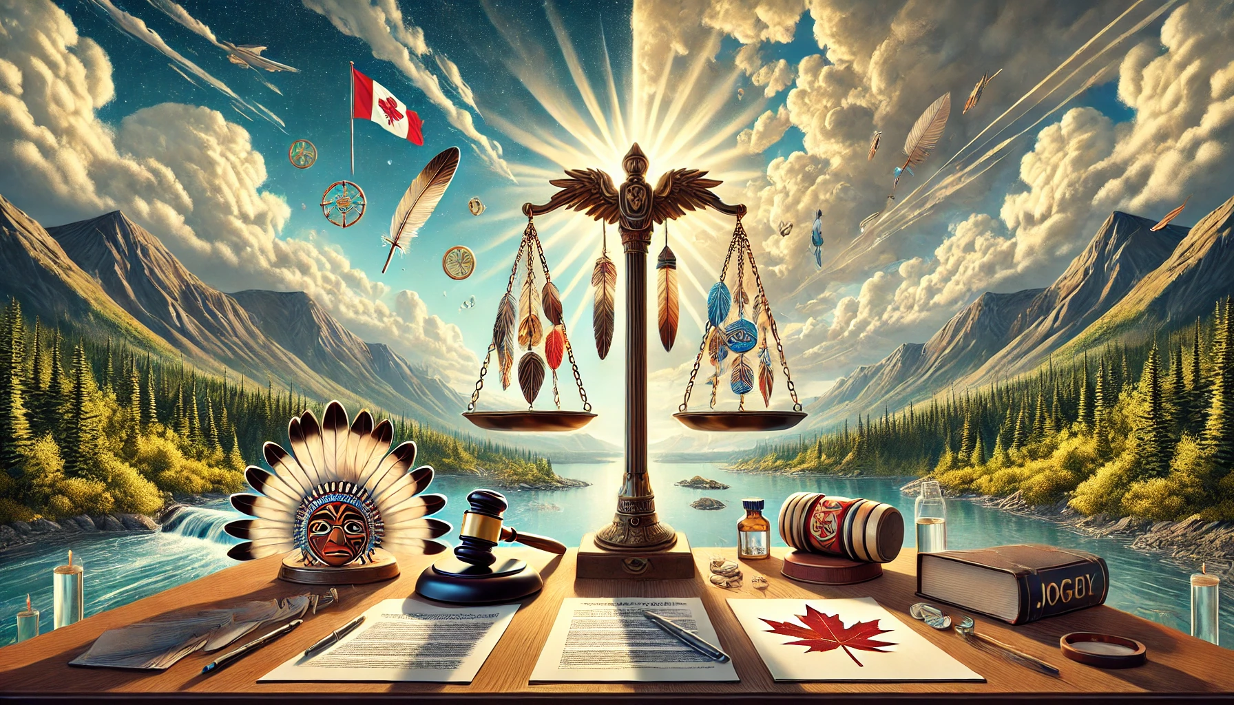 balanced scales of justice with indigenous symbols and legal items, set against a backdrop of mountains and rivers under a sunlit sky