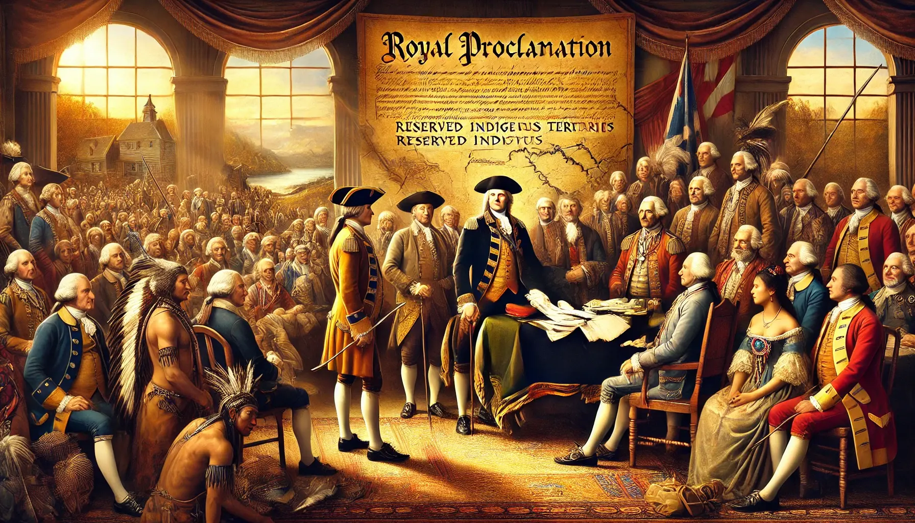visually striking image representing the royal proclamation of october 7, 1763. the scene features a royal decree being read by a british official